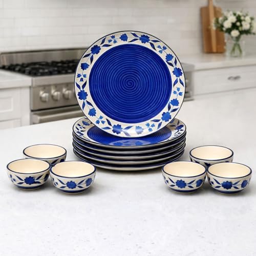 Image of Freakway Hand-Painted Floral Ceramic Dinner Set of 12 Pcs | 6 Ceramic Dinner Plate and 6 Bowl /katori | Bone Ash Free | Microwave and Dishwasher Safe - Blue