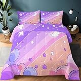 Süße Cartoon Mond Sterne 4 Jahreszeiten Bettdecke 260 x 220 cm Lila Rosa, Kuschelige Steppdecke ohne Bezug inkl. 2 Kissenbezügen 80x80 cm, Waschbare Kinderbettdecke & Schlafdecke