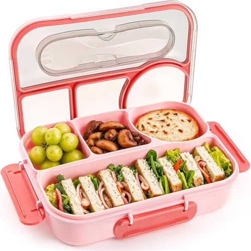 Lunch Box For Kids - Bento Box for kids - 4 Compartment Lunch Containers Drop-Proof Dishwasher Safe & Made with BPA-Free Materials(Pink)