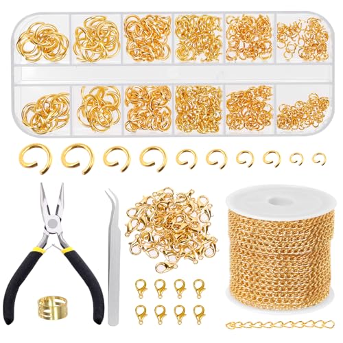 Swpeet Kit de 504 cadenas doradas de 3 mm para hacer joyas con anillos de salto, alicates de joyería, pinzas curvadas, abridor de anillos y cierres de langosta, herramientas para hacer collares,