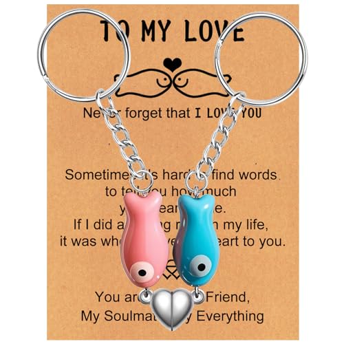 ownmysty Matching Keychain Valentines Day Gifts for Him Her Boyfriend, Heart Keychain Couples Gifts for Bf Girlfriend Him Her Best Friend Anniversary Birthday, Pink Blue