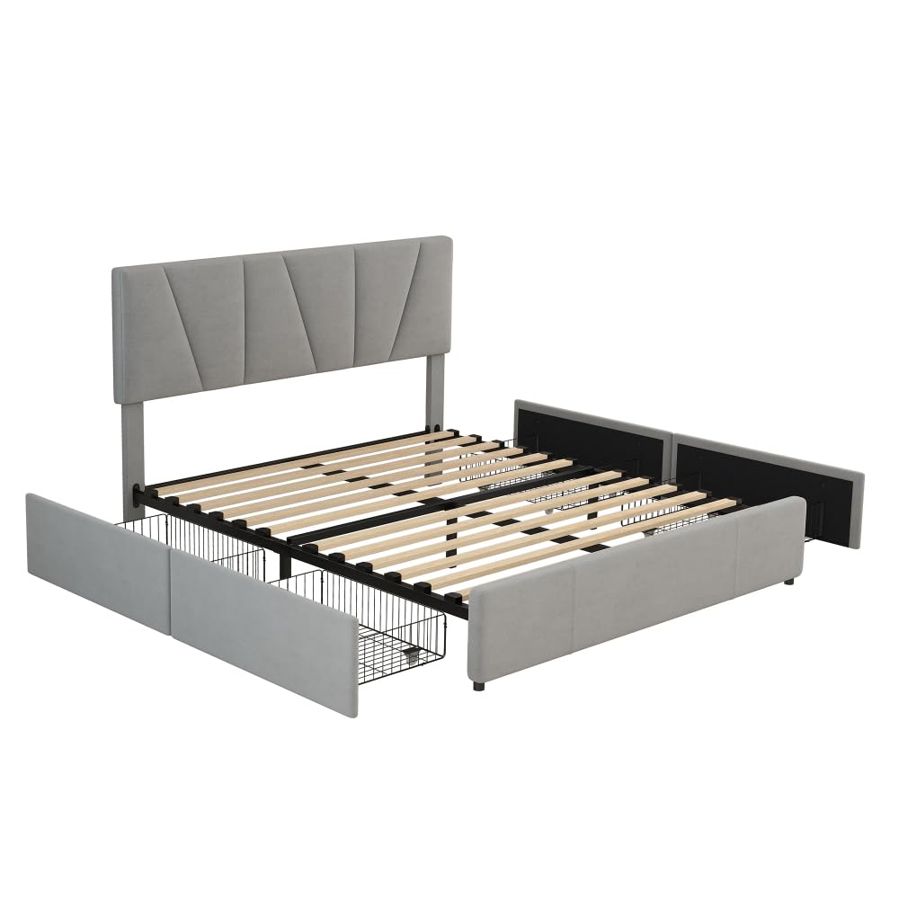 Cama de Matrimonio tapizada, Plataforma con 4 cajones en 2 Lados, cabecero Ajustable, no Necesita somier (160 * 200cm-gris)