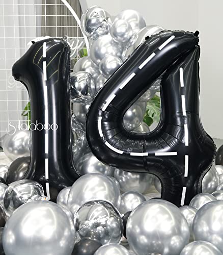 Image of Race Car 40 Inch Black 14 Large Helium Balloon Number 0-9 | Track Giant Digital 14th Foil Mylar Big Party Balloons for Men Birthday Car Theme Party Anniversary Graduation Decorations