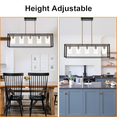 Image of Farmhouse Chandeliers for Kitchen Island with Clear Glass Shade Black and Brushed Brass 5 Light Dining Room Lighting Fixtures Hanging, Rectangle Pendant Lights Industrial Ceiling Light