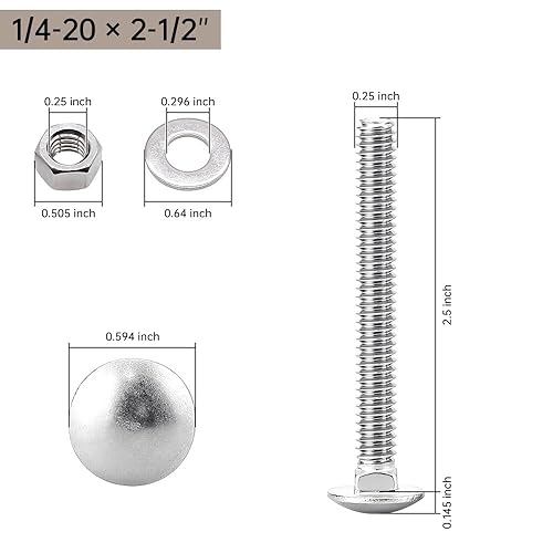 Miniatura 90 de Glvaner Tornillos de acero inoxidable de 3/8-16 x 3-1/2 pulgadas, cabeza redonda, cuello cuadrado, tuercas hexagonales y arandelas planas, acero