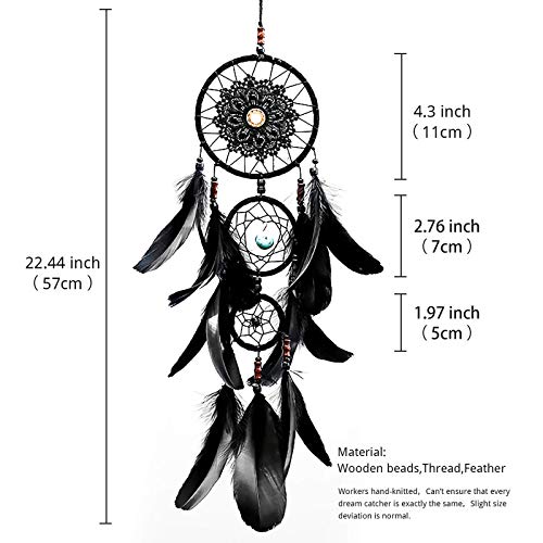Pretty Jolly Black Gothic Dream Catcher Wall Decor Handmade Woven Feather Macrame Dream Catchers Wall Hanging for Bedroom,Living Room,Wedding Party,Home Decor-Black 3 Rings 22.4" - Image 4