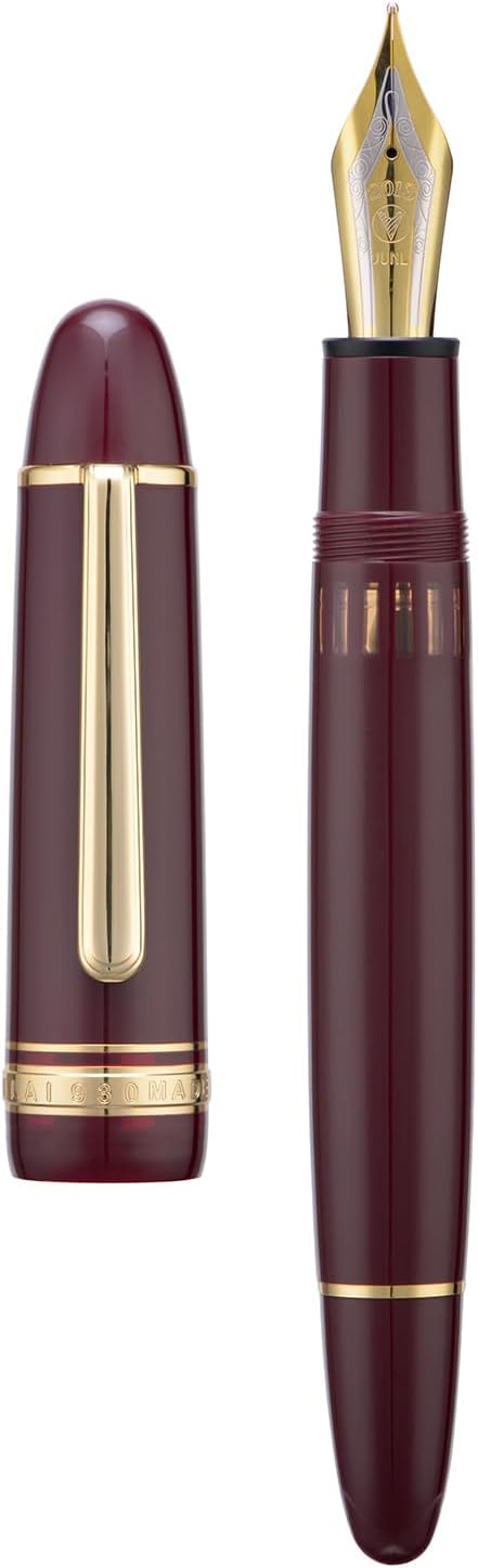 Wikult Yongsheng Junlai 930 Acrylic Fountain Pen, Size 9 Broad Nib with Piston Filling System, Wine Red Fence Ink Tank with Torpedo Shape Design Large Hand Pen (Gold Trim)