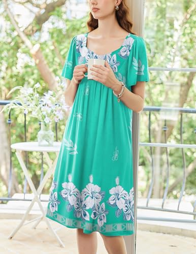 Image of Ekouaer Women's House Dress - Pleated Nightgown with Short Sleeves & Pockets