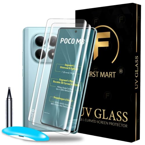 Image of FIRST MART UV Tempered Glass for Poco M8 - Pack of 2, 9H Full-Glue Curved Screen Protectors, HD Clear, Fingerprint Compatible, 2 Complete UV Installation Kits