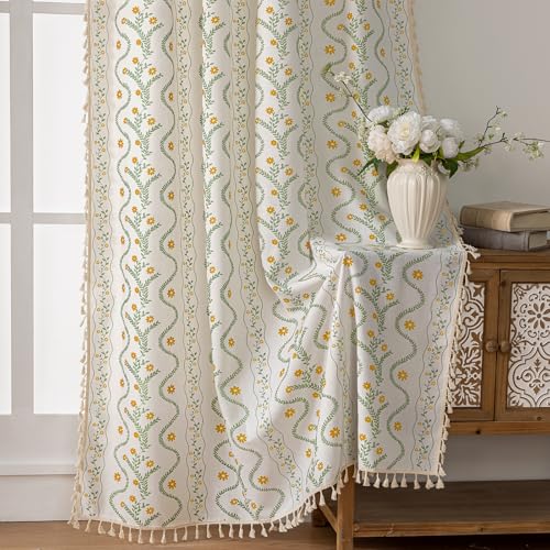 Image of Boho Curtains 96 Inch Long for Living Room, Bedroom,Yellow Flower| Sage on White 2 Panels Floral Farmhouse Vintage Tassel Light Filtering Privacy Window Curtain Drapes with Rod Pocket