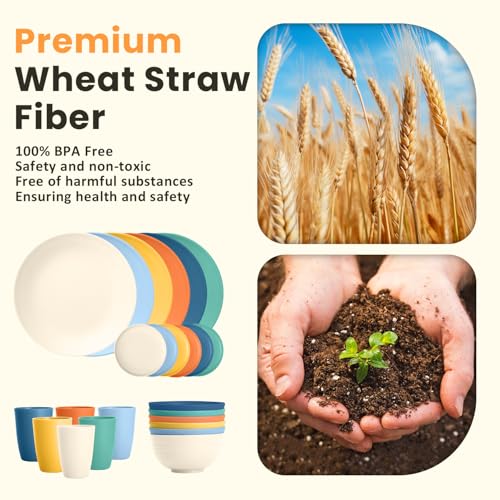 Image of Homienly Unbreakable Wheat Straw Dinnerware Set - Plastic Plates and Bowls Sets Alternative, 24-Piece Dishes Set for Apartment, RV, Party, Microwave and Dishwasher Safe Plates, Bowls, Cups(Multi)