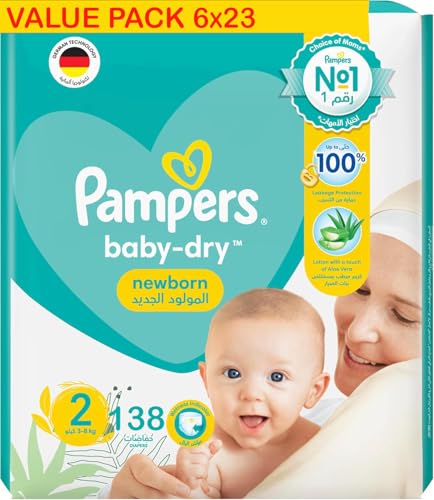 Pampers Baby-Dry Newborn Taped Diapers with Aloe Vera Lotion up to 100% Leakage Protection Size 2 3-8kg Carry Pack 138 Count