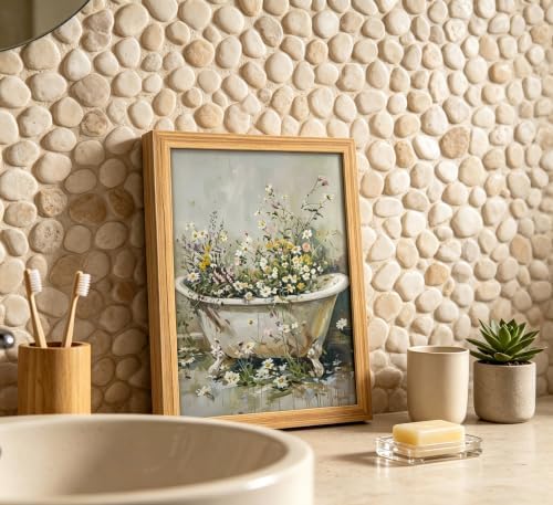 Framed Farmhouse Bathroom Canvas Wall Art Bathtub Botanical wildflowers Painting Picture Wall Decor Rustic Cottagecore Plant Flower Poster Print Artwork for Washroom Toilet Home Decoration — view 3