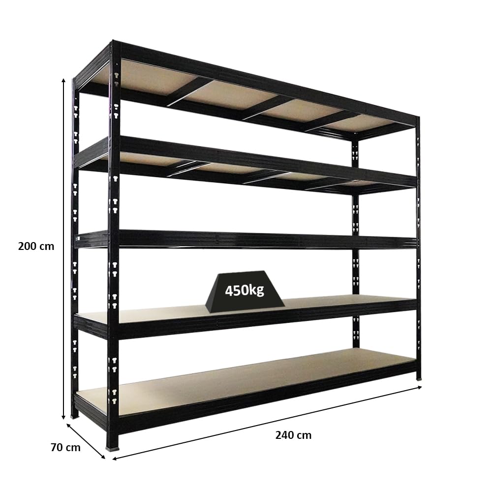 PROREGAL Étagère Charge Lourde Rhino XXL | HxLxP 200x240x70cm | 5 Niveaux en aggloméré 8mm | 450kg par Niveau | Noir | Stockage de Garage de Rangement rayonnage