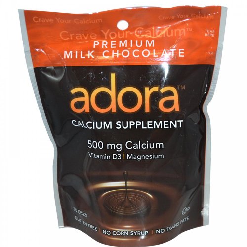 Adora Premium Vitamin D3 Magnesium and Calcium Supplement, 500 mg, Milk Chocolate, 30 Count