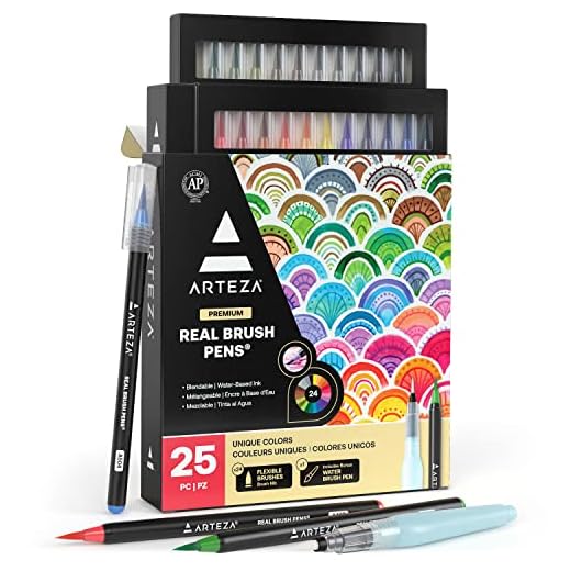 ARTEZA Caja de 24 rotuladores con punta de pincel | Rotuladores acuarelables profesionales para dibujar y colorear | 100% no tóxicos | Múltiples colores | Puntas flexibles