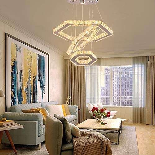 Cainjiazh Led Crystal Chandeliers 3 Rings Modern Ceiling Lighting Fixture Adjustable Stainless Steel Pendant Light For Bedrooms Living Room Dining Room (2700K)(25Cm+35Cm+45Cm) #TOP1