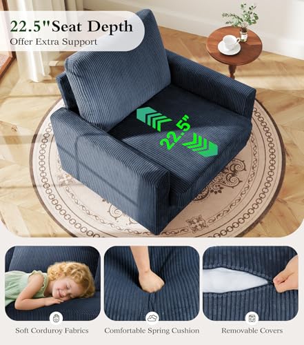 Image of Kidirect 35.5in Corduroy Sofa Accent Chair, Tool-Free Setup Living Room Couch Accent Chairs, Reading Chair for Bedroom 22.5in Extra Deep Seats, Comfy Arm Chairs for Office, All-Wood Reading Nook Blue