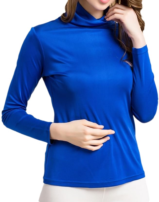 Womens Silk Tops Turtleneck Long Sleeve Mulberry Silk Thermal Shirts Layer Tops Slim High Neck Blouse Undershirts