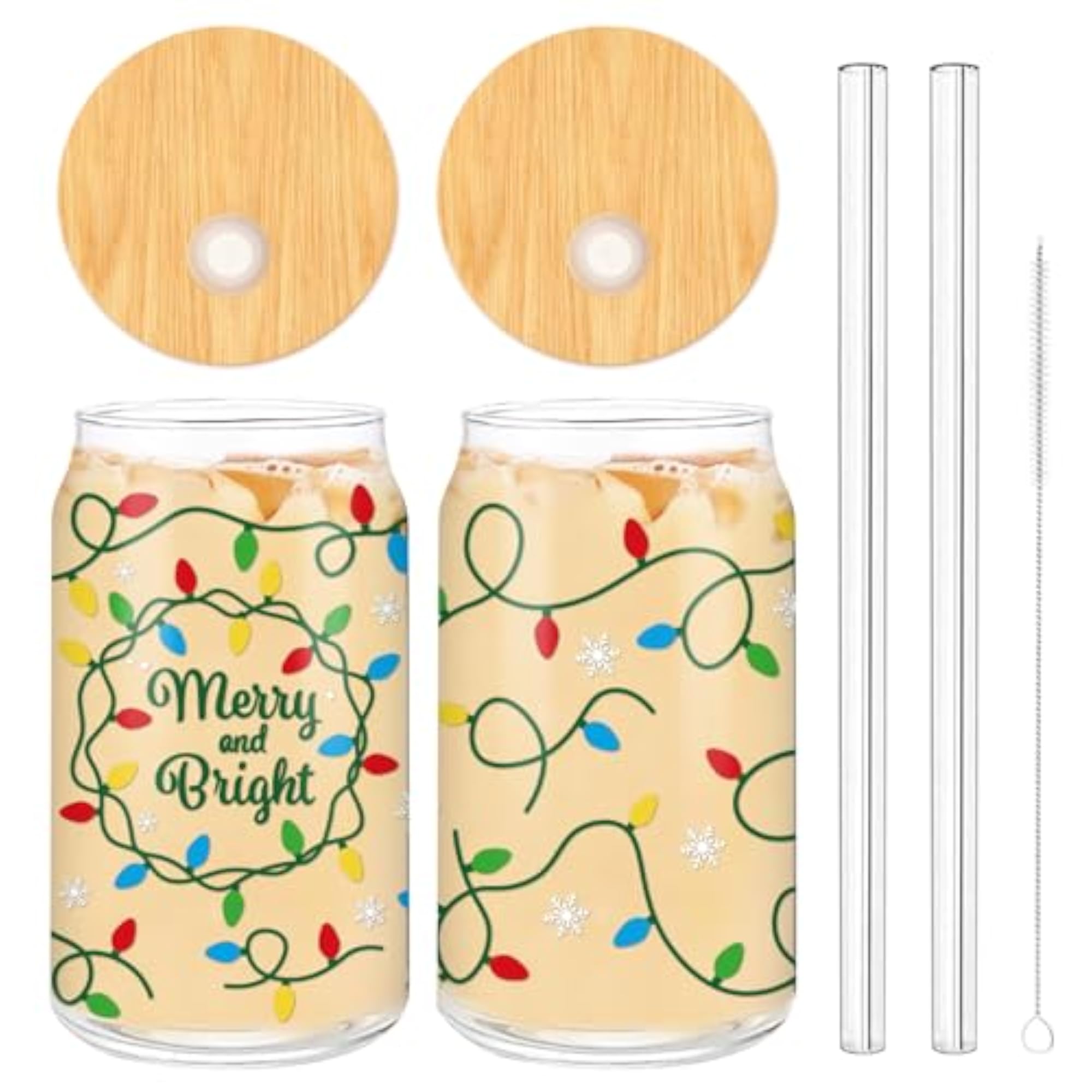 Christmas Iced Coffee Cup Set of 2, Colorful Light Bulb Design