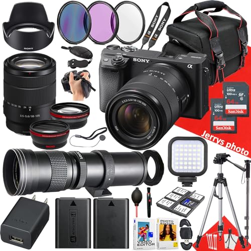 Sony a6400 Mirrorless Camera with Sony E 18-135mm f/3.5-5.6 OSS Lens and 420-800mm f/8.3 HD Telephoto Zoom Lens + 2PC 64 GB Memory + Case + Monopod + Extra Battery + More (36pc Bundle) (Renewed)