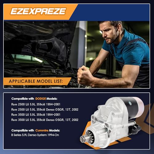 Image of Ezexpreze Dodge Cummins Starter Replacement New for 1994-2002 Ram 2500 3500 5.9 L L6, 1994-on Cummins Diesl Engines B Series 5.9, 3921682 4746639 5016522AA R4741012 3604684NW 17548N D228080-2292