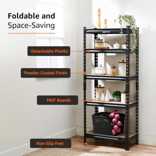 Image of Amazon Basics 5-Tier Storage Rack | Bolt-Free Assembly | Metal Stand & Thick MDF Board | 175kg Capacity Per Shelf | 63H x 24W x 12D inch Adjustable Shelf Rack for Home, Garage & Shop| Black