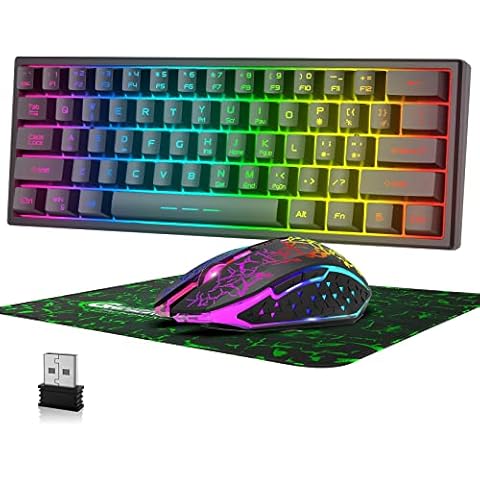 60% Wireless Gaming Keyboard and Mouse Combo Set 2.4GHz Rechargeable 3800mAh Quiet 61 Keys Compact Gaming Keyboard with Rainbow LED Backlit + 2400DPI 6 Buttons Rainbow LED Silent Mouse (Black) Cover
