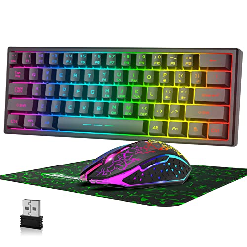 Image of 60% Wireless Gaming Keyboard and Mouse Combo Set 2.4GHz Rechargeable 3800mAh Quiet 61 Keys Compact Gaming Keyboard with Rainbow LED Backlit + 2400DPI 6 Buttons Rainbow LED Silent Mouse (Black)