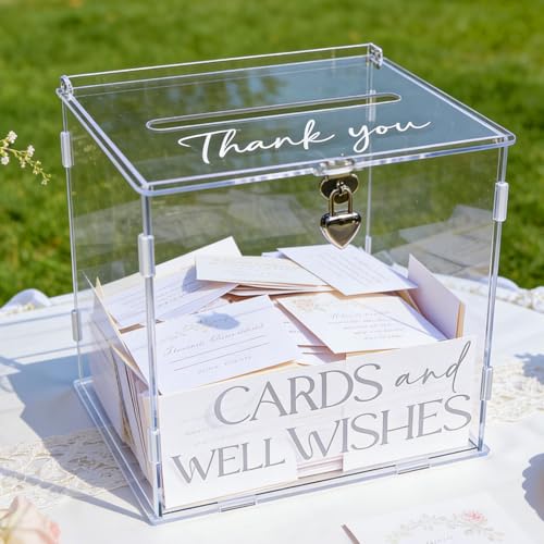 SOFARKKT Clear Acrylic Card Box with Lock & Slot Transparent Elegant Wedding Card Boxes for Reception DIY Money Envelop Gift Cards Box for Party Graduation Wedding Birthday Bridal Shower Table Decor