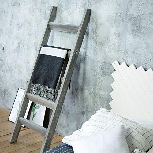 Blanket Ladder 5 ft. Premium Wood Rustic Decorative Quilt Ladder. Gray White Vintage Wooden Decor. Throw Blankets Holder Rack