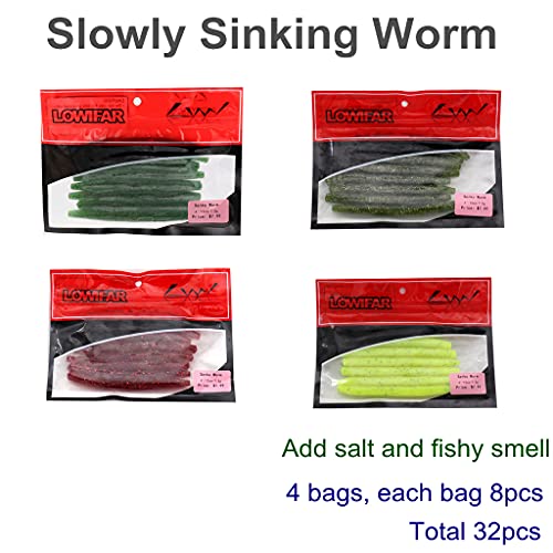 Lowifar 32Pcs Senko Soft Worms Lures Kit Fishing Wacky Rig Worms 4" Soft Plastic Stick Baits Soft Worm Hooks For Bass (Mix Color) #TOP2