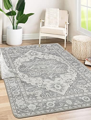 Stain Resistant Machine Washable Area Rugs No Crease Rubber Backing- Non Skid Printed Persian Rug - Bedroom Kitchen Living & Dining Room Carpet Mat - Vintage Floor Family & Pet Friendly 3'x5'