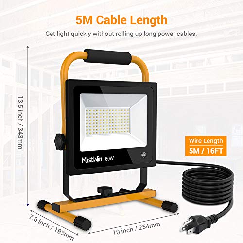 MustWin 60W Portable LED Work Light 6000LM (450W Equivalent) IP65 Waterproof Dimmable Flood Light 112 LEDs Touch Switch Stand 16ft/5M Cord with Plug for Construction Site, Workshop 5000K Daylight Whit