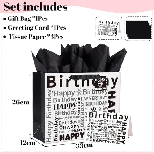Gift Bag Large 33cmx12cmx26cm, Black White Luxury Gift Bag with gift Card and Tissue Paper Party Bags for Presents, Large Birthday Gift Bag for Her Women Men Boys Girls Birthday Party Bag