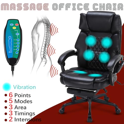 Image of Massage Office Chair with Foot Rest 6 Points Vibration and Heat Home Office Desk Chairs for Heavy People 400lbs Reclining Managerial Chairs Ergonomic Executive Chair (Black)