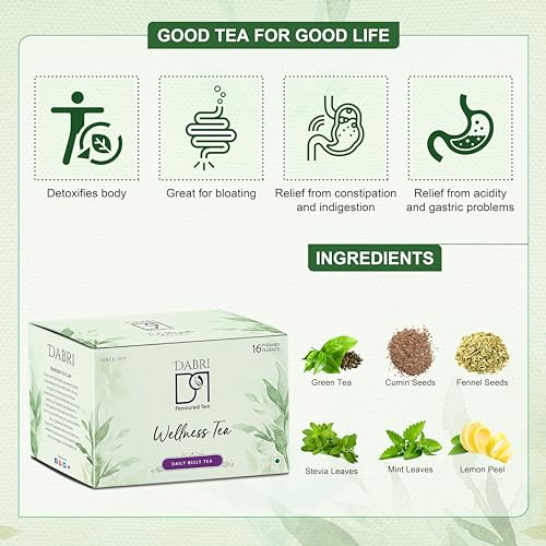 Image of Dabri Daily Belly Wellness Tea 16 Pyramid Dip Teabags|Herbal Blend for Digestion|Pure Natural Taste|Detox Tea for Bloating, Constipation, Acidity & Gas Relief|Supports Gut Health & Comfort Daily