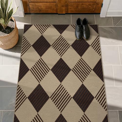 3x4 Easy Jute Diamond Entryway Rug - Plaid Rug for Patio Kitchen Bedroom Home Office, Woven Low Pile Washable Beige Black Geometric Front Door Décor