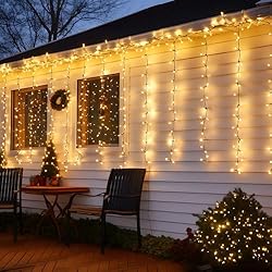 Aigostar Guirnalda Luces Exterior Solar, 1×1m 100 LED Cadena de Luces Navidad, 8 Modos Cortina de Luces, IP65 Impermeable Cadena de Luces Solares para Balcón, Jardín, Boda, Fiesta (Blanco Cálido)