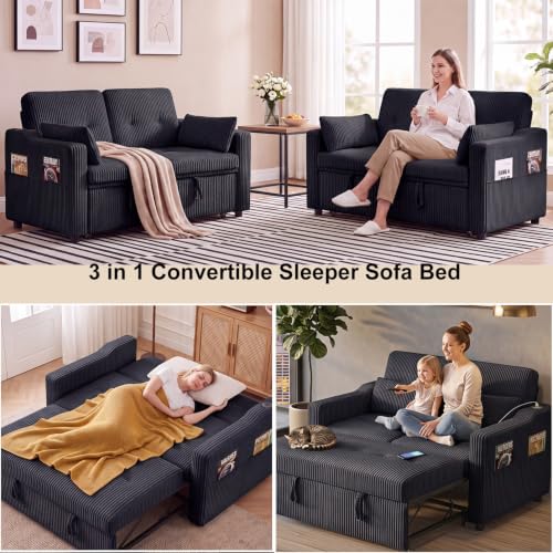 Image of 51.6 inch 3-in-1 Convertible Sleeper Sofa Bed, Pull Out Loveseat Couch with 5-Position Adjustable Backrest, USB & Type-C Ports, Side Storage Pockets, Corduroy Sofa Bed for Small Spaces