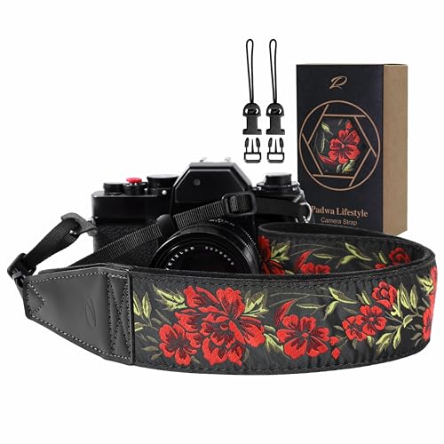 Image of Padwa Lifestyle Camera Strap - 2 inch Full Grain Leather Ends Camera Straps for Photographers, Vintage Embroidered Cotton Weave Soft Suede Fabric Padded Strap Quick Release fits All Cameras