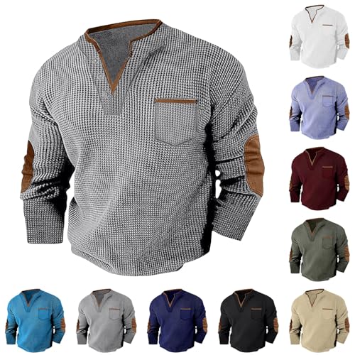 Men's Waffle Sweatshirt Casual Knited Long Sleeve Thermal Stand Collar Pullover Stylish Warm Cozy V Neck Henley Top