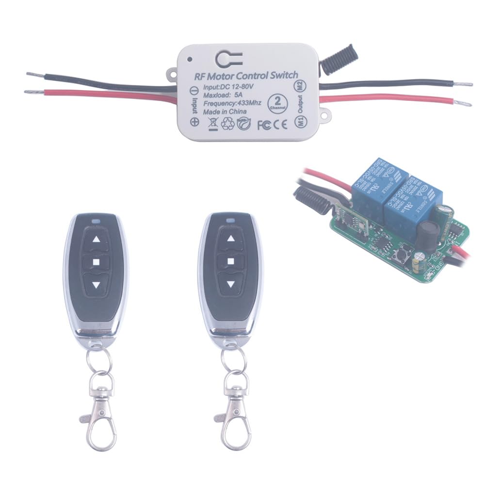 Interruptor de control remoto de motor de DC 12V 24V 36 48V interruptores de relé inalámbricos de 12V-80V 5 A controlador de receptor con transmisores, motor de avance, retroceso (2* Controlador)