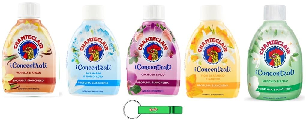 Chanteclair I concentrato profumo per bucato pacchetto test – Profumi per vestiti – 5 diversi profumi – deodorante per bucato 5 x 220 ml + portachiavi Beni Culinari