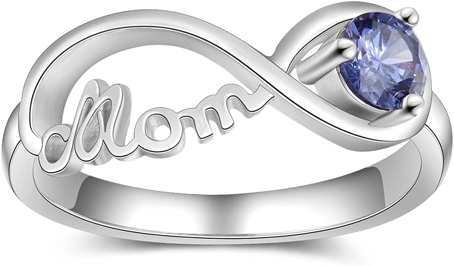 Engagement Ring Promise Ring for Her 1 Heart Birthstones 2 Names & 1 Engraving Customized & Personalized (Silver 2, 7)