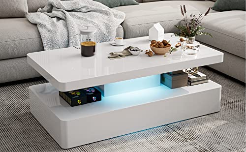 Ikifly Modern High Glossy White Coffee Table With 16 Colors Led Lights, Contemporary Rectangle Design Living Room Furniture, 2 Tiers #TOP2