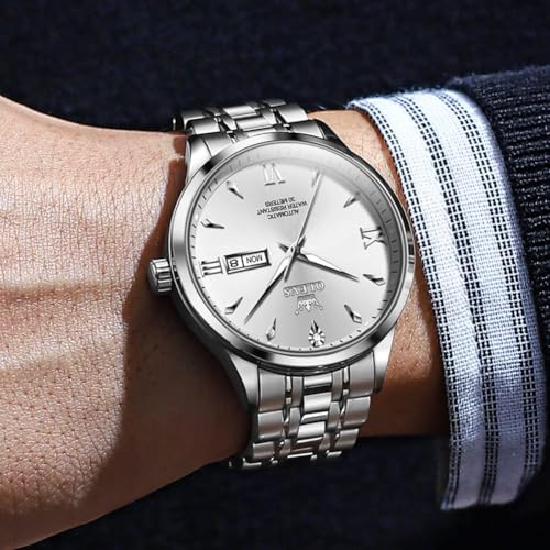 Image of OLEVS Automatic Watches for Men Self Winding Mechanical Wristwatch Luxury Business Dress Stainless Steel Luminous Waterproof Calendar Mens Watch