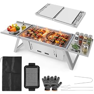 E EASTSTORM Small Portable Charcoal BBQ Grill, Foldable Tabletop Barbecue with 3-Level Heat Control in 304 Stainless Steel for Camping, Picnic & Outdoor Cooking