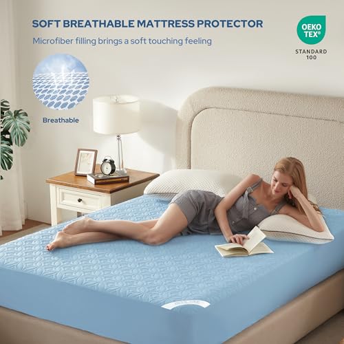 Image of BEDLORE Waterproof Mattress Protector, Cal King Size Mattress Pad with Deep Pocket 6 inch-23 inch Depth, Soft Dirt-Proof Double Bed Mattress Cover for Bedroom, College Dorm, Hotel (Sky Blue)