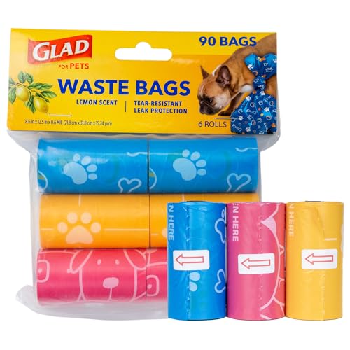 Image of Glad for Pets Scented Dog Waste Bags, Tear-Resistant Pet Poop Pick-up Bags with Leak Protection, Lemon Fresh Scent, Fun Multicolor Bag Designs, 6 Rolls, 90 Bags Total
